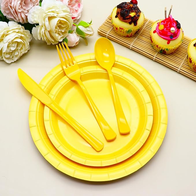 150 Pack Yellow Plastic Silverware, Yellow Utensils Include 50 Plastic Forks 50 Spoons 50 Knives for Birthday Party, Wedding, Picnic