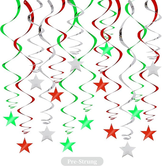 BEISHIDA Red Green Silver Star Hanging Swirl Christmas Decorations Ceiling Hanging Party Supplies for Christmas Birthday Wedding Decorations, Pack of 15