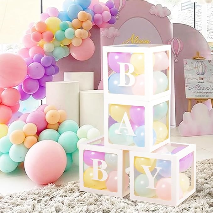 Voircoloria Baby Boxes with Letters for Baby Shower, Baby Shower Decorations with 4 Balloon Boxes for Gender Reveal Baby Shower Perfect for Easter Decorations(Pastel Balloons)