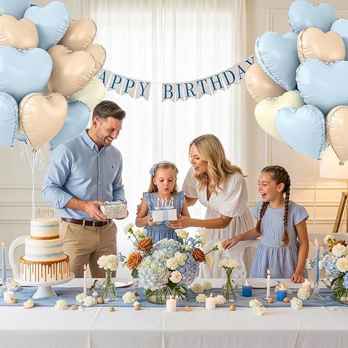 TONIFUL 30Pcs 18 Inch Light Blue Cream White Caramel Balloons Heart Shape Foil Mylar Banners Decoration for Birthday Valentine's Day Wedding Bridal Shower Anniversary Engagement Party Supplies