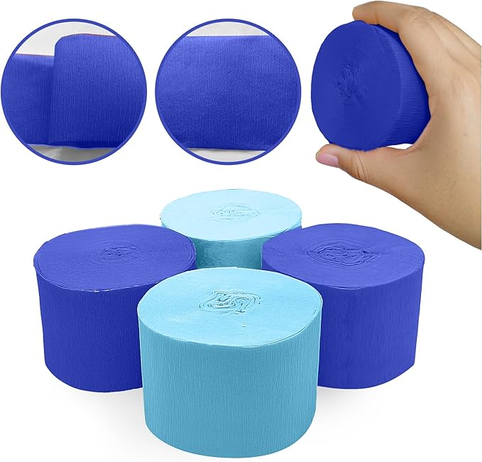 4 Crepe Paper Streamers Rolls, 328ft Pack of Royal Blue and Blue Crepe Paper for Birthday Baby Shower Wedding Graduation Party Decorations (1.8 inch x 82 ft/Roll)