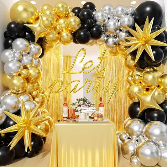 Black and Gold Silver Balloons Garland Arch Kit - Different Size Balloons Gold Fringe Curtain Backdrop for Graduation Birthday Anniversary New Years Theme Party Decorations