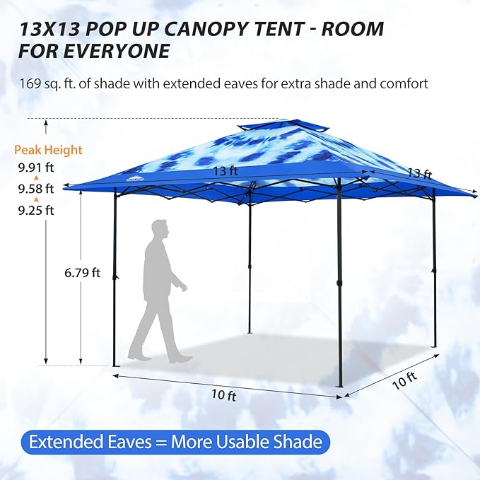 EAGLE PEAK 13x13 Straight Leg Pop Up Canopy Tent Instant Outdoor Canopy Easy Single Person Set up Folding Shelter w/Auto Extending Eaves 169 Square Feet of Shade (Tie Dye Blue)