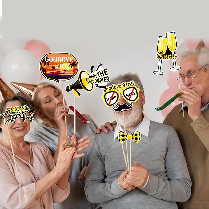 30 Pieces Retirement Photo Booth Props Happy Retirement Party Decorations Retirement Party Favors for Men Women Photobooth Kits with Sign for Party Decor Supplies (Dark Black&Yellow)
