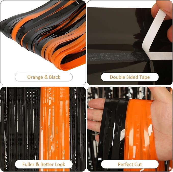 PIGETALE 2 Pack Black and Orange Tinsel Foil Fringe Curtain, 3.2Ftx8.2Ft Halloween Backdrop Curtains Photo Booth Props Streamers Christmas Birthday Party Anniversary Wedding Retirement Decorations
