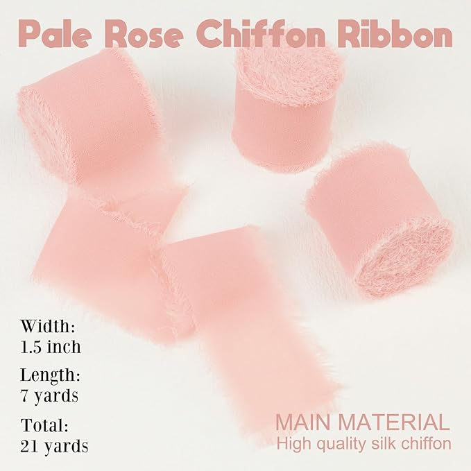 Blush Rose Chiffon Ribbon - 1.5 Inch x 21 Yards, Frayed Silk Boho Ribbon for Gift Wrapping, Wedding Invitations, Bridal Bouquets