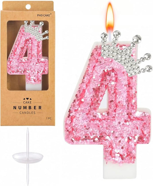 PHD CAKE Birthday Number Candles,Pink Crown Birthday Candles for Cake,Glitter Number 4 Candle Cake Topper with Sequins for Girls,Women, Anniversary Celebrations Supplies