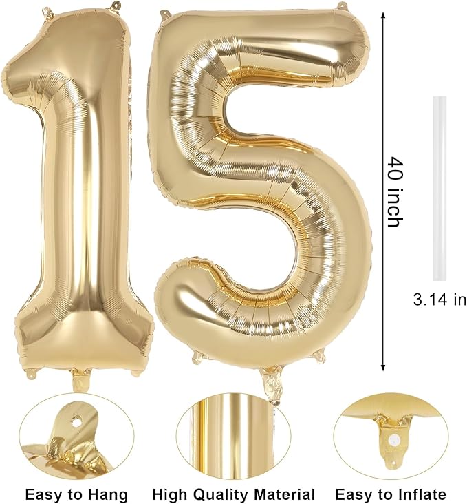 Champagne Gold Large Number 15 Balloon, 40 Inch Light Gold Foil Helium Number Balloons, Giant Mylar Number 15 Balloons for 15 Years Old Birthday Party Anniversary Decorations (Champagne Gold 15)
