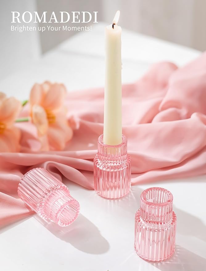 Romadedi Pink Glass Candle Holders - 10 Pcs Ribbed Candlestick Holder Bulk for Table Centerpiece Elegant Taper Holder for Wedding Birthday Party Baby Showers Valentines Mother's Day Christmas