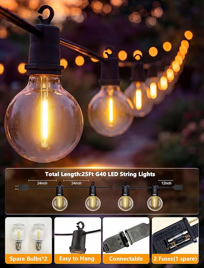 25Ft LED G40 Globe Outdoor String Lights Waterproof Patio Lights with 13 Warm White Bulbs, Hanging Light for Backyard Balcony Wedding Christmas Party Decorations Xmas Tree Black Wire