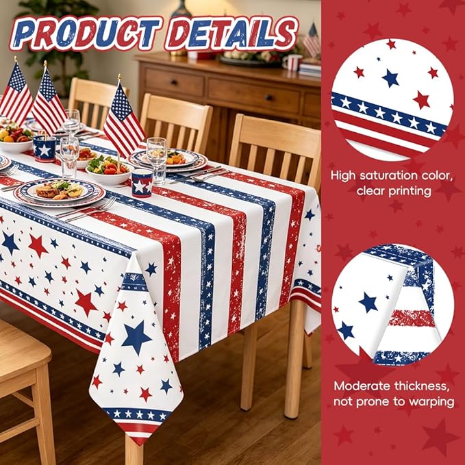 2Pcs Patriotic Tablecloths,4th of July Decorations,Red White Blue Star 54x108 inches Disposable Plastic Tablecloths for 4th of July Memorial Day Patriotic Theme Party Decoration