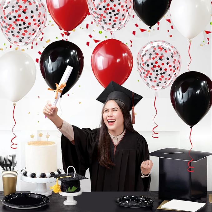 Patimate Red Black Balloons Set, 50 pcs 12 inch Black Red White Confetti Latex Balloons Kit for Graduation Birthday Wedding Baby Shower Retirement Party Decorations