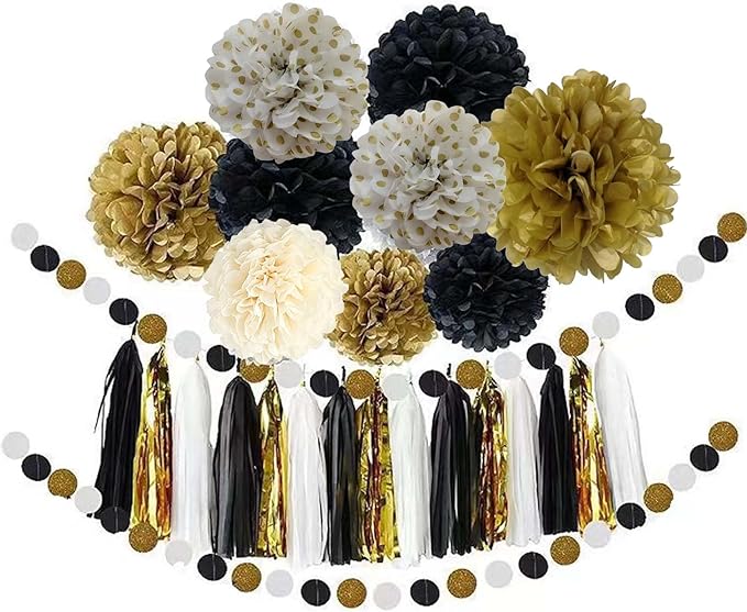 Black Gold Tissue Paper Pom Poms 12Pcs- Hanging Paper Flowers for Wedding Birthday Graduations Christmas and Special Occasions(8 &10 & 12 inch)