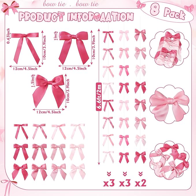 Taobary 8 Pcs 6.6 ft Bow Garland, Satin Ribbon Bow Banner Coquette Hanging Ornament for Photo Backdrop Birthday Party Wedding Bridal Baby Shower Wall Decorations(Bright Pink,Mix Size)