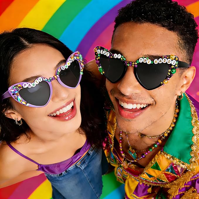 3 PCS Carnival Sunglasses for Women,Purple Yellow Black Beads Heart Sunglasses,Heart Shaped Glasses for Carnival Outfit Accessory Party Decorations,Carnival Party Favors