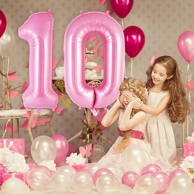 Pink Number 10 Balloon, 40 Inch Big Large Foil Helium Number Balloons, Giant Mylar Number 10 Balloons for 10 Years Old Birthday Party Decorations Supplies Anniversary