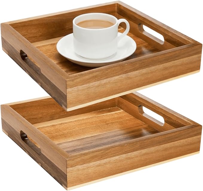 YOUEON Set of 2 Acacia Wood Serving Tray with Handles, 10x10x2 Inch Decorative Serving Trays for Food, Ottoman Tray, Square Coffee Table Trays for Dinner, Coffee, Wine, Appetizer