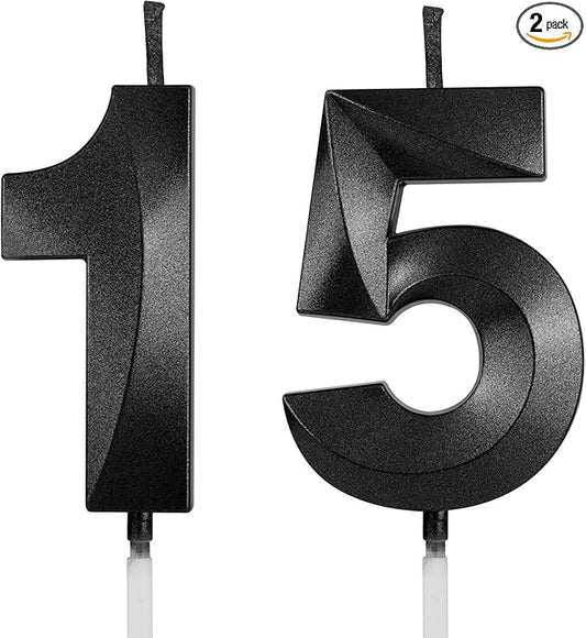 Number 15 Birthday Candles, 1.96 Inch Happy Birthday Cake Candles Cupcakes Topper Decoration for Birthday Party Wedding Anniversary Celebration Supplies (Black)