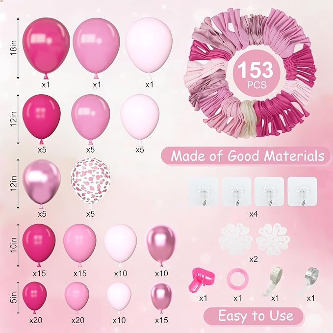 Amandir 153 Pcs Pink Balloon Arch Garland Kit, Different Sizes 18 12 10 5 inch Latex Metallic Confetti Hot Pink Balloons for Mothers Day Baby Shower Birthday Princess Wedding Party Decorations