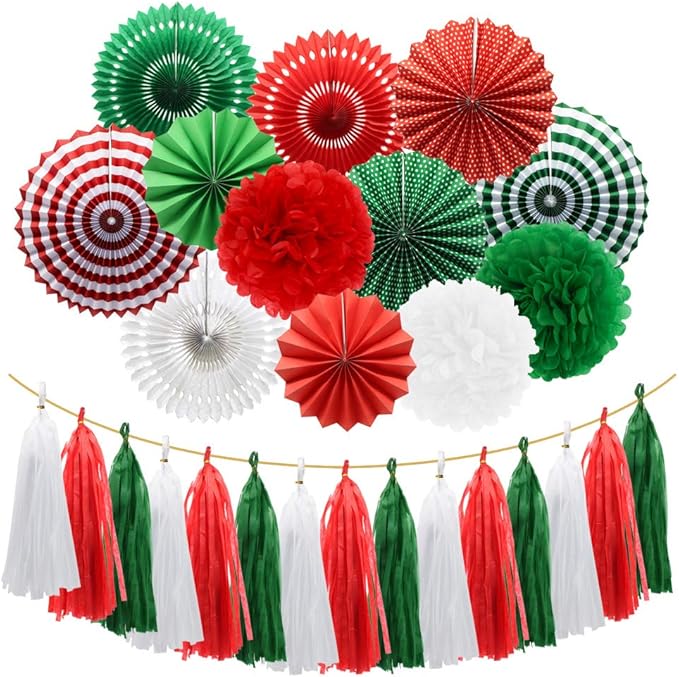 Red Green White Hanging Paper Fans Pom Poms Flowers Tissue Tassel Garland for Graduations Christmas St. Patrick's Day Party Decorations
