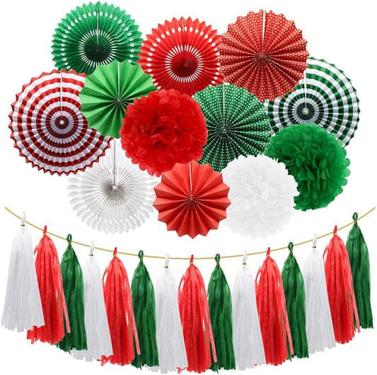 Red Green White Hanging Paper Fans Pom Poms Flowers Tissue Tassel Garland for Graduations Christmas St. Patrick's Day Party Decorations
