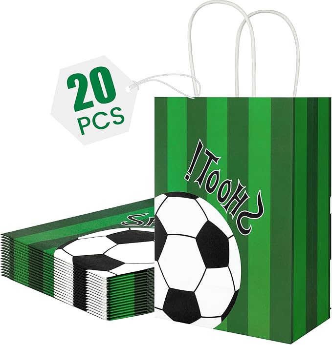 Ethanberg 20Pcs Soccer Party Favor Bags with Handles, Soccer Themed Kraft Paper Gift Bags Candy Bag, Shoot Theme Goodie Bag for Sport Team Ball Events Theme Birthday Party Supplies