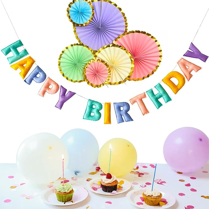 Pre-Strung Happy Birthday Banner - Felt Ball Garland, Rainbow Party Decorations, HAPPY BIRTHDAY Garland, Personalized Birthday Sign for Birthday Decor, Party Decor, Photo Prop (Macaron Colors)