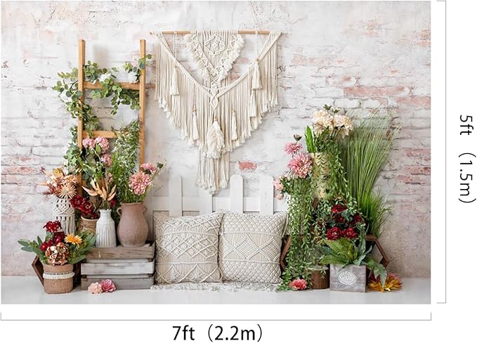 Kate 7x5ft Boho Chic Backdrops for Photography Rustic Macrame Floral Wall Hanging Photo Background for Bridal Shower Maternity Newborn Portrait Photoshoot