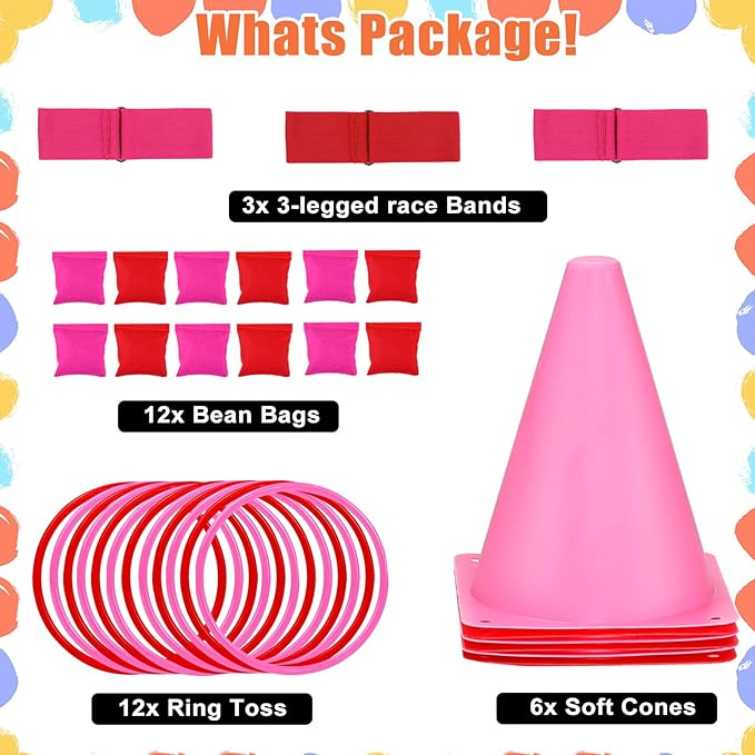 33pcs 4 in 1 Valentines Day Games for Kids with Ring Toss, Plastic Cones, Bean Bags, 3-Legged Race Bands, Carnival Valentine's Games Activity Combo Set for Kids Classroom Indoor Outdoor Party Yard