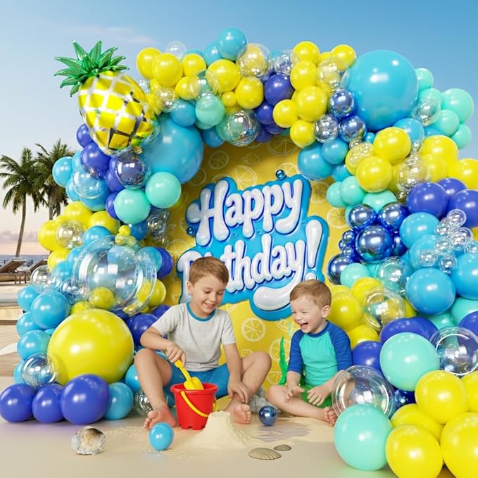 160pcs Cartoon Sponge Balloons Garland Arch Kit, Birthday Decorations Yellow Blue Clear Metallic Blue Teal Balloons and Pineapple Balloon Arch for Cartoon Birthday Baby Shower Party Decor