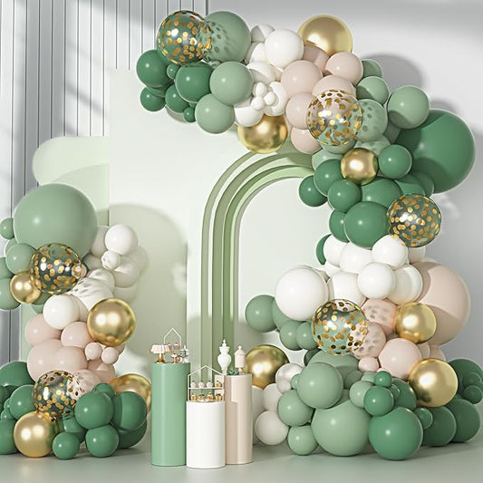 Ouddy Party Sage Green Balloons Arch Garland Kit, Different Sizes 18 12 10 5 inch Sage Green Gold Sand White Olive Latex Metallic Confetti Balloon for Baby Shower Safari Birthday Party Decorations