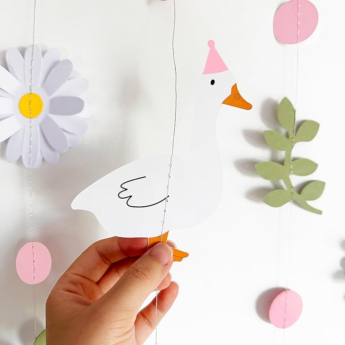 Pink Silly Goose 3D Daisy Flower Leaf Polka Dot Hanging Streamer Garland Banner for One Silly Goose Theme Birthday Baby Shower Wedding Bridal Shower Spring Summer Party Decorations Supplies