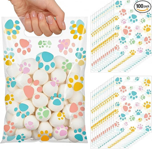 Pasimy 100 Pcs Dog Paw Gift Bags Bulk Pet Paw Puppy Plastic Treat Favor Candy Goodie Bags with Handle for Dog Birthday Party Decoration Supplies (Spring Color)