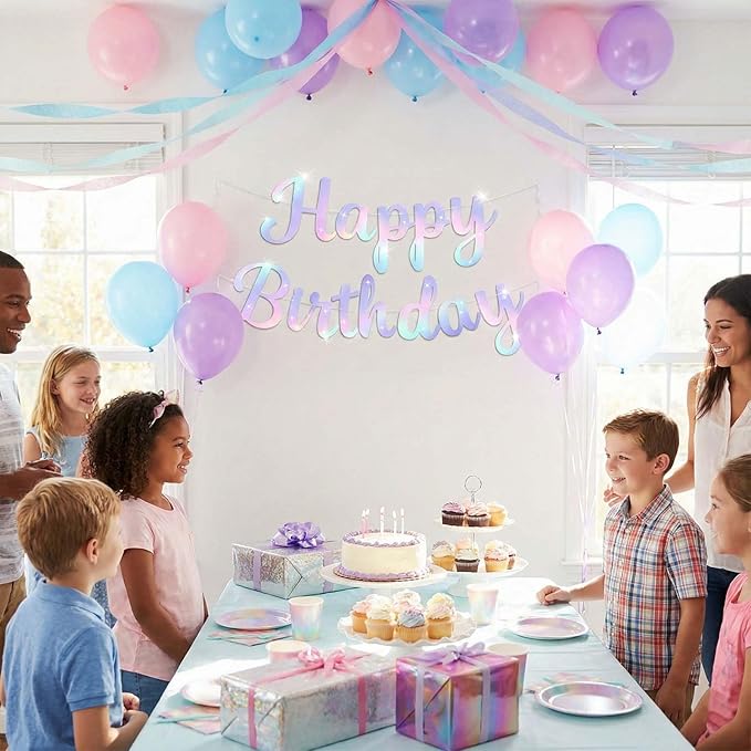 Glitter Happy Birthday Banner Sign, Rainbow Gradient Party Supplies Photo Prop Decorations for Women, Girls, Reusable Birthday Backdrop Banners, Glittering Decor for Unicorn Themed Party (Iridescent)