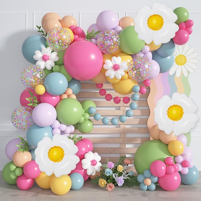 168Pcs Daisy Balloon Arch Garland Kit, Pink Green Blue Yellow Purple Confetti Daisy Wild Flower Balloons for Mothers Day Boho Two Groovy One Birthday Baby in Bloom Baby Shower Spring Party Decorations