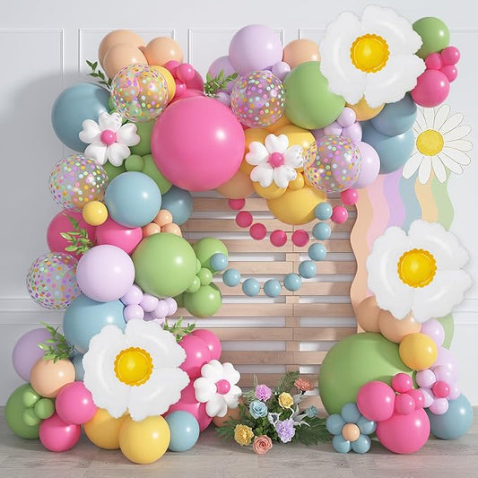 168Pcs Daisy Balloon Arch Garland Kit, Pink Green Blue Yellow Purple Confetti Daisy Wild Flower Balloons for Mothers Day Boho Two Groovy One Birthday Baby in Bloom Baby Shower Spring Party Decorations