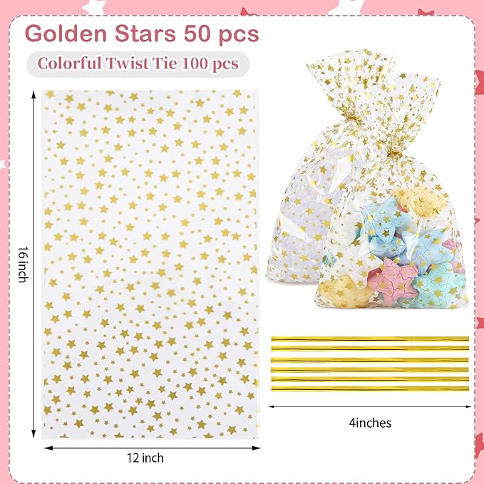 50 Pcs 12"x16" Clear Cellophane Treat Bags with 50 Twist Ties, Gold Cellophane Gift Bags, for Cookies, Candy, Bakery, Birthday, Wedding, Valentine's Day, Baby Shower & Holiday Party Favors