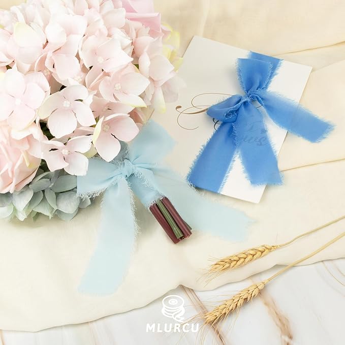 Blue Chiffon Ribbon 1.5 Inch x 21Yds Handmade Fringe Chiffon Silk Ribbon Blue & Cream Frayed Chiffon Ribbon for Baby Shower Wedding Invitation Flower Bouquets Gift Wrapping