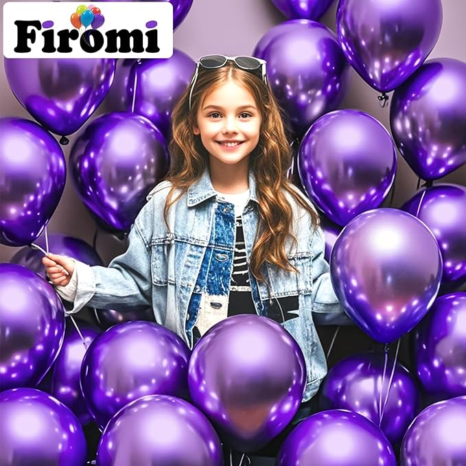 Firomi Metallic Purple Balloons 12-inch 100 Pack Helium Big Shiny Round Chrome Purple Thicken Latex Balloon for Birthday Party Bridal Shower Purple Party Balloons (with 3 Ribbons)