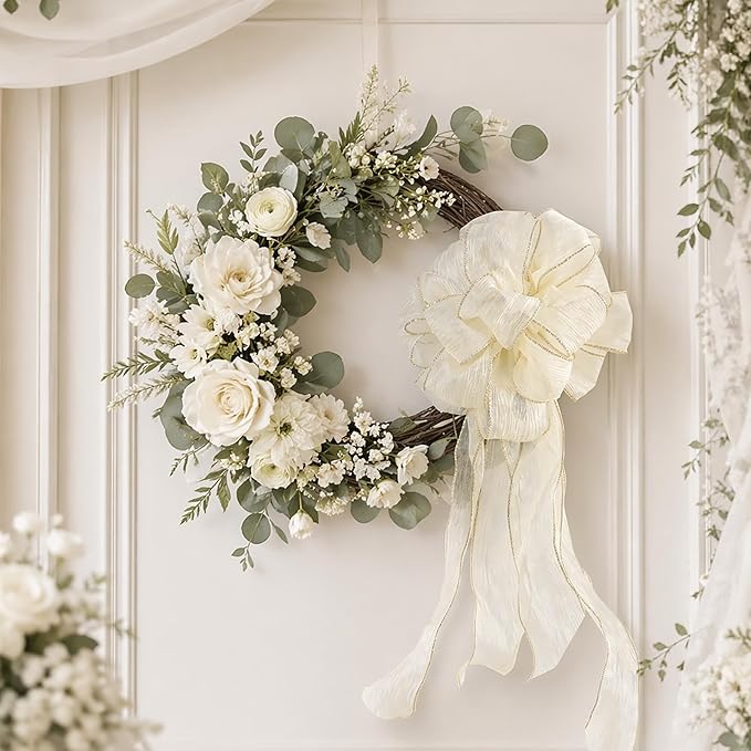HUIHUANG Ivory Wired Ribbon 2-1/2 inch Cream Metallic Silk Wire Edge Ribbon for Crafts Gift Wrapping Basket Wreaths Bows Making Home Wedding Decor Christmas Tree Bows -Continuous 10 Yards