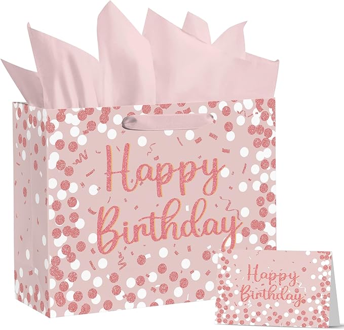 Horaldaily Large Birthday Gift Paper Bags with Tissue Paper and Card (1Pcs，Pink)