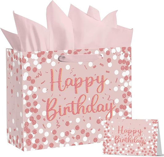 Horaldaily Large Birthday Gift Paper Bags with Tissue Paper and Card (1Pcs，Pink)