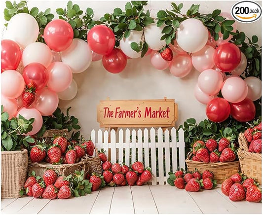 Kate 10x8ft Red Strawberry Backdrops for Photography Farmer's Market Background Colorful Balloons Sweet Birthday Party Studio Backdrop