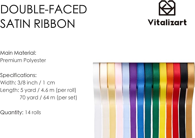 Vitalizart Rainbow Satin Ribbon 3/8” x 14 Rolls 70 Yards Ribbon for Gift Wrapping Hair Craft Party Decoration Flower Bouquet Wedding Double Face Assorted Color
