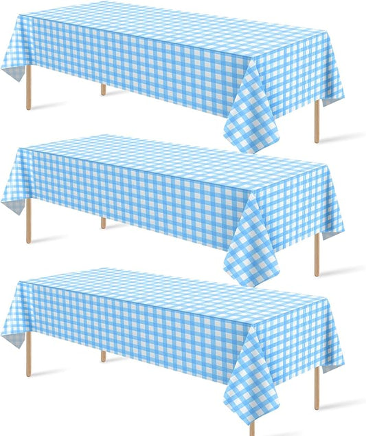 3Pack Light Blue and White Plastic Checkered Tablecloth, Premium Decorative Disposable Light Blue Gingham Plaid Tablecloth for Party, Rectangle Party Table Cover for Picnic Farm Birthday, 54x108 Inch