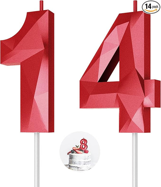 Number Birthday Candles(14 Candle Red) 3D Diamond Shape Number Happy Birthday Cake Candles for Birthday Party Wedding Decoration Reunions Theme Party