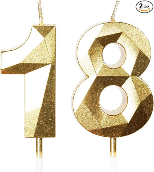 Number 18 Candles,18th Birthday Candles,Gold Happy Birthday Candle for Cake,3D Design Cake Topper Decorations for Boy Men Pet Birthday Party Wedding Anniversary Celebration Supplies