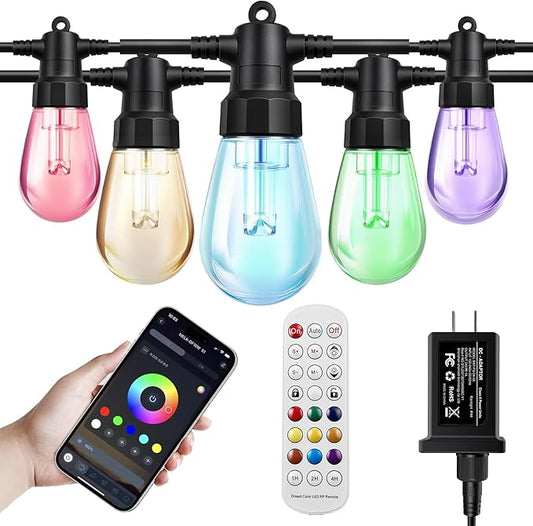 Outdoor String Lights 121ft, Patio Lights with 20 Dimmable LED Bulbs, RGBW & Warm White, IP67 Waterproof, Shatterproof, APP & Remote Control, Color Change, Customizable Colors for Backyard Decor