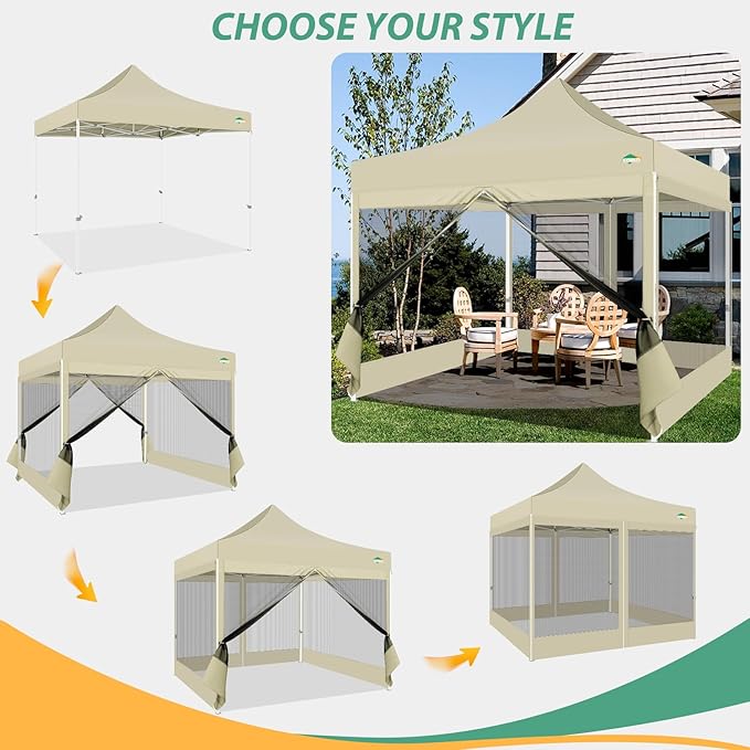 COBIZI 10x10 Canopy Tent with 4 Sidewalls,Heavy Duty Pop up Canopy with Mosquito Netting,Easy up Screen Tent for Parties Wedding Outdoor Camping with Handbag,Khaki