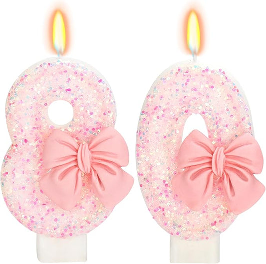 80th Birthday Candles for Cake, Pink Bow Number Cake Candles, 2.76 inch Number Happy Birthday Candle, Cake Topper Decoration for Birthday Party (Number 80)